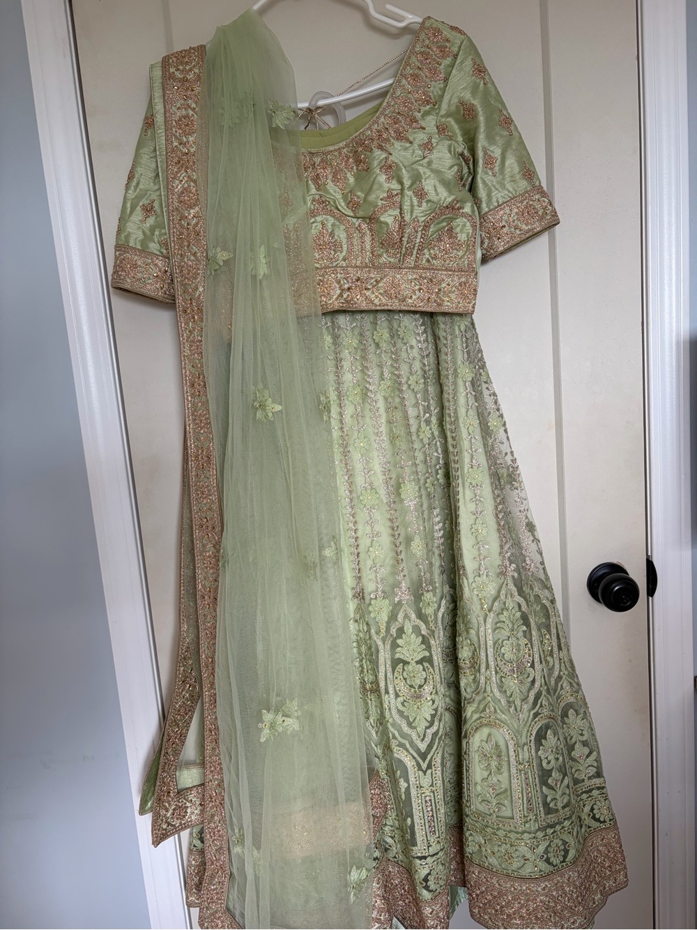 Embroidered Sage Green Lehenga with Sheer Dupatta